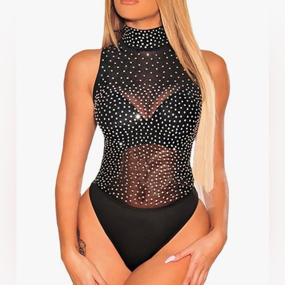 hot PINK 💕 Sheer Mesh Turtleneck See Through Leotard Bodysuit Body Top Sexy NWT - Picture 9 of 9